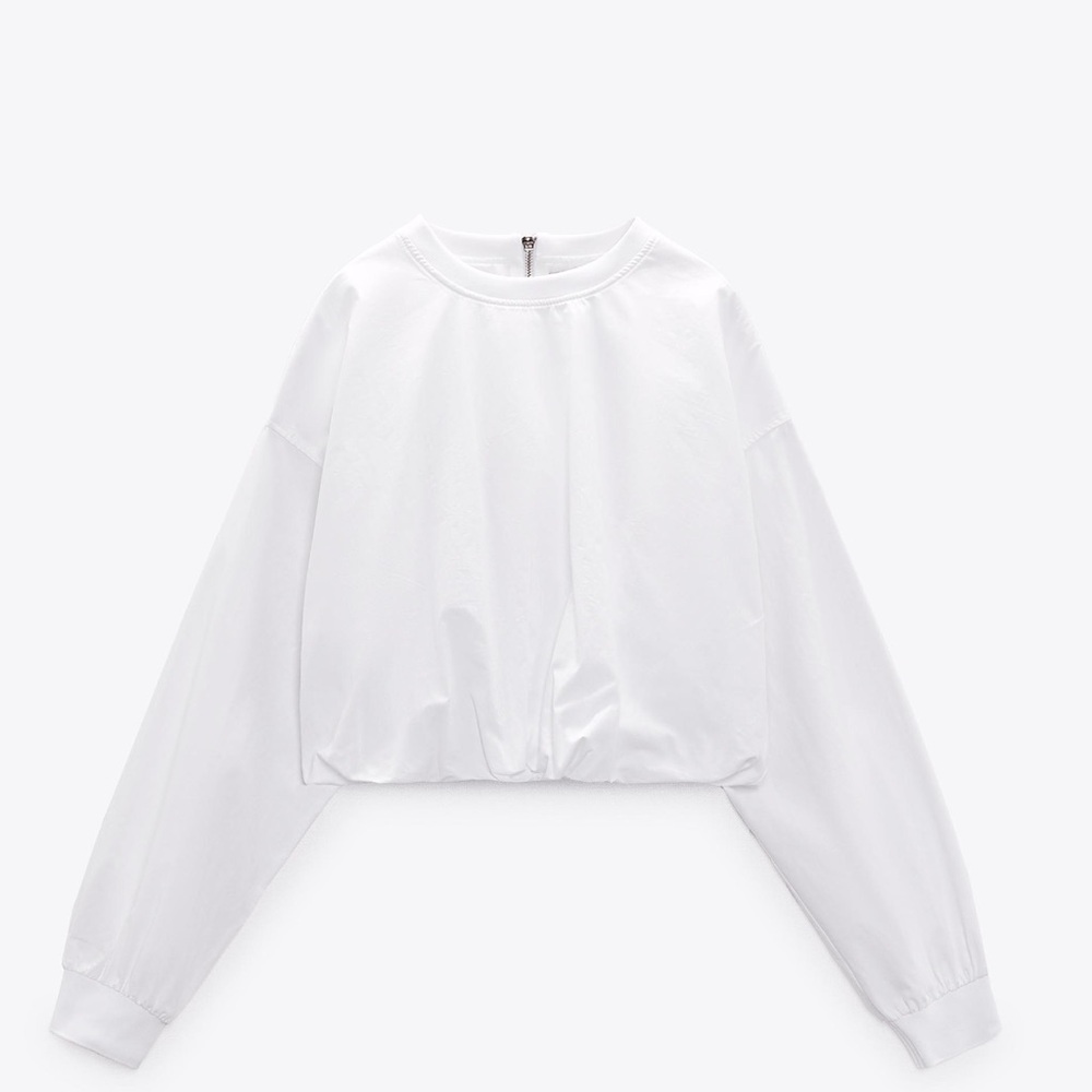 Zara White Boxy Cropped Long Sleeve Combination Rib Top L NWT